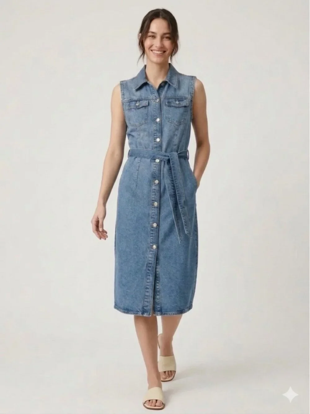 Zara TRF Sleeveless Button-Down Belted Denim Midi Dress Large